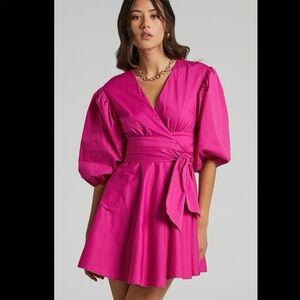 Showpo Vibrant Pink Puff Sleeve Mini Dress